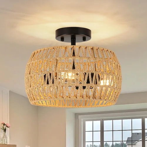 Miniatura 10 de Lámparas Bohemias de Techo con Montaje, Lámpara de Techo de Ratán Estilo Granja de 4 Luces, Lámpara de Techo Semi Empotrada con Pantalla Tejida a