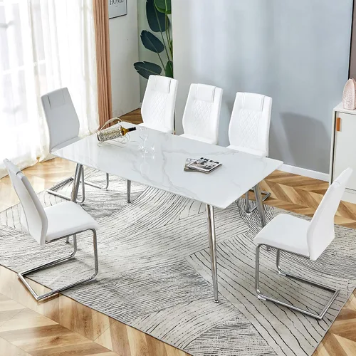 Miniatura 16 de Juego de mesa de comedor en blanco y negro de 51 pulgadas para 4, mesa de cristal minimalista moderna y 4 sillas tapizadas de piel sintética