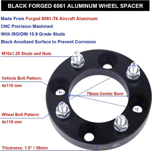 Miniatura 6 de Espaciadores de rueda forjados en negro para ATV UTV 4x110 de 1.5 pulgadas con pernos 10x1.25 compatibles con Honda Suzuki-Yamaha-Kawasaki de 4 lugs