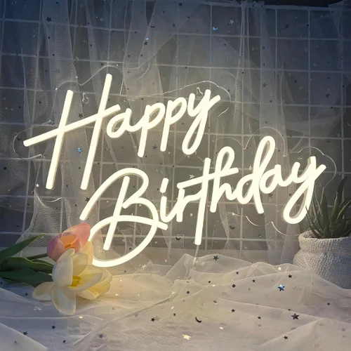 Miniatura 2 de Letrero de neón de feliz cumpleaños para decoración de pared, luces LED de neón blancas cálidas de 17×12 pulgadas, letrero de luz de neón de feliz