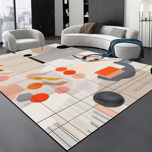 Miniatura 11 de Alfombra geométrica abstracta negra/marrón/naranja de 6x8 pies - Alfombra lavable multicolor moderna retro, alfombra antideslizante