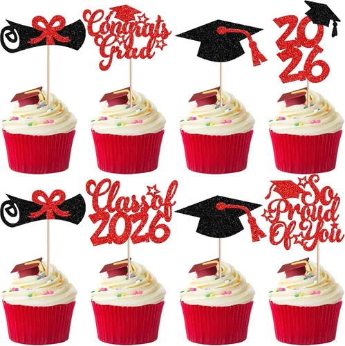 Miniatura 47 de Rsstarxi Paquete de 24 adornos para cupcakes de graduación 2026, con purpurina azul, para la clase de 2026, para diplomas, 24 piezas (6 diseños)