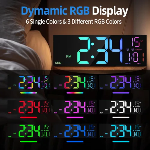 Miniatura 2 de LEIKE Reloj de pared digital grande de 16.2 pulgadas con control remoto, LED grande, alarma dual, 8 colores RGB, brillo automático, fecha, DST Negro