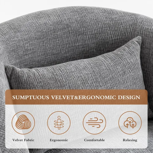 Miniatura 6 de Silla giratoria de 360°, moderna silla de barril de terciopelo con almohada, sofá individual tapizado para sala de estar, dormitorio, oficina. Gris