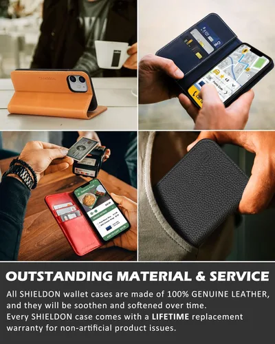 Miniatura 9 de SHIELDON Funda para iPhone 12 de 6.1", cartera de cuero genuino con protección magnética tipo libro, soporte con bloqueo RFID para tarjetas de Café