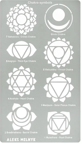 Aleks Melnyk No.415 Plantilla de metal, chakras, mandala, yoga, símbolos para meditación, Om, geometría sagrada, plantilla para leña, grabado