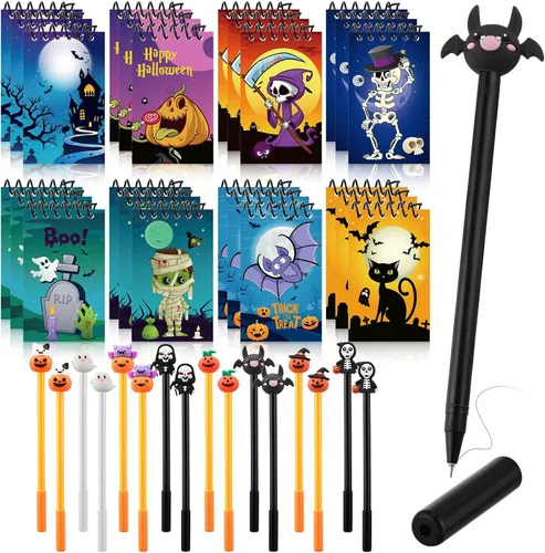 Jetec Juego de 48 cuadernos de Halloween, mini bloc de notas en espiral, divertidos bolígrafos de gel de dibujos animados, fantasma, calabaza,