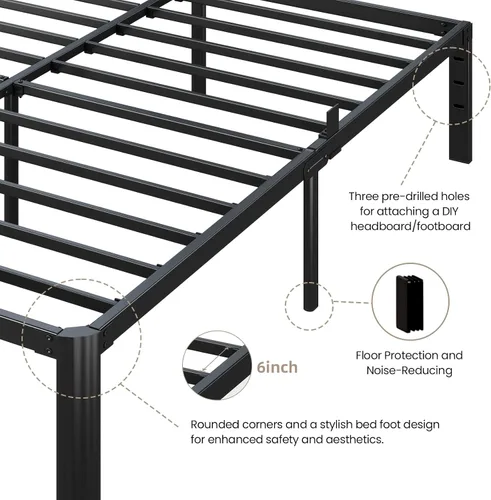Miniatura 4 de Marco de cama de metal tamaño individual, marcos de cama de plataforma resistente de 14 pulgadas, 3500 libras, listones de acero sin ruido,
