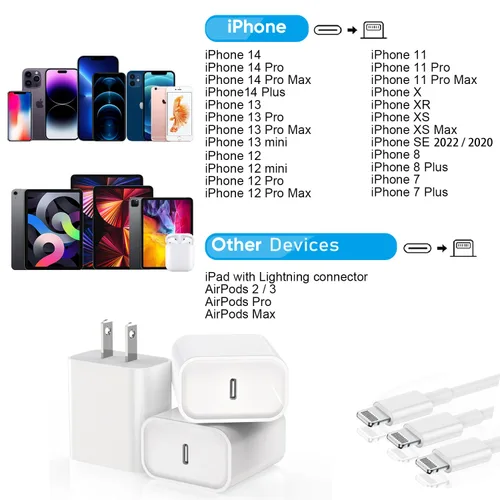 Miniatura 4 de Cable de carga rápida para iPhone [certificado MFi de Apple], paquete de 3 cables de carga de teléfono de 20 W, bloque de cargador USB C