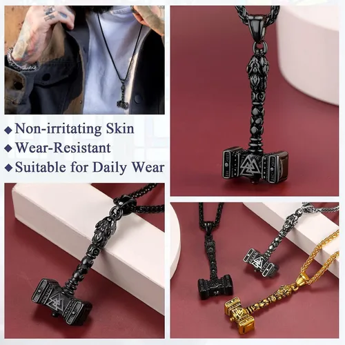 Miniatura 5 de FaithHeart - Collar con talismán de martillo de Thor vikingo para hombre, amuleto nórdico vintage de Mjolnir, colgante con cadena de trigo