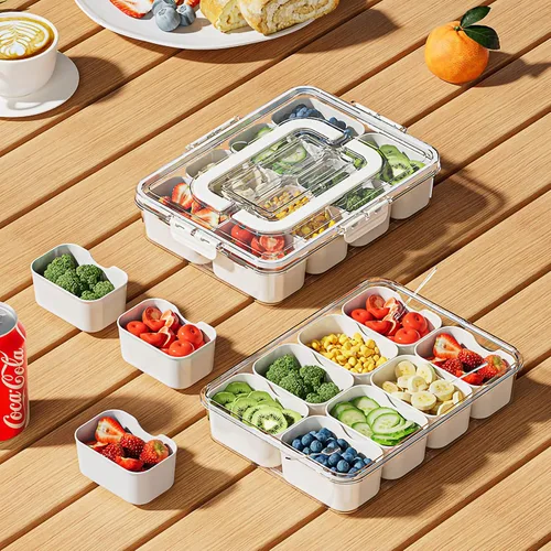 Miniatura 2 de Bandeja dividida para servir con tapa y asa, contenedor de charcutería, caja organizadora de almacenamiento portátil con tenedores y cucharas