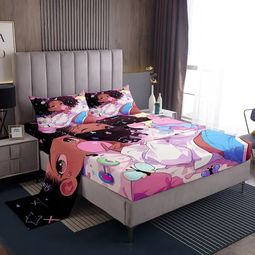 Miniatura 19 de Erosebridal Sábanas de sirena azul para niñas, juego de sábanas de unicornio lindo tamaño matrimonial, 4 piezas para niños, sábanas de arcoíris