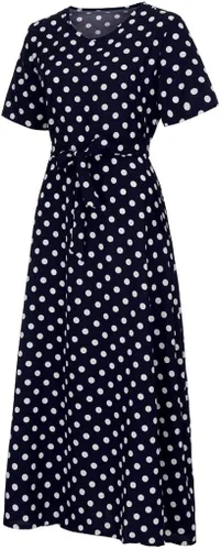 Miniatura 6 de Sunkessety - Vestido largo de verano con cuello redondo y manga corta con cinturón, elegante para fiesta
