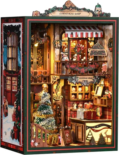 Miniatura 9 de Kit de rincón de libros de biblioteca antigua, rompecabezas 3D de madera con luz LED, modelo de estantería en miniatura, decoración cultural