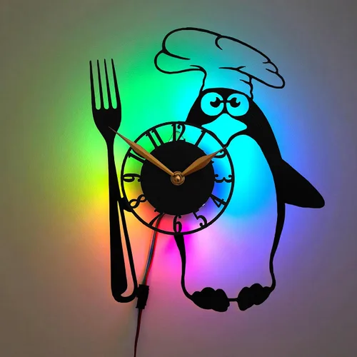Penguin Kitchen Clock with LED Lights - Utensils and Cutlery Decor - Color Changing Wall Clock for Cooks, Bakers, and Chefs - Fun Gift for Kitchen