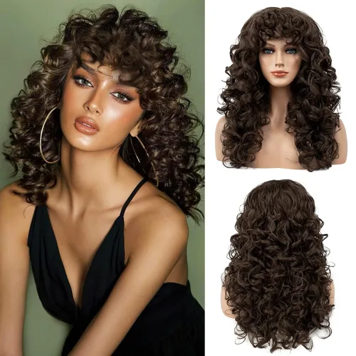 Miniatura 9 de Flufymooz Peluca rizada con flequillo para mujeres negras, 20 pulgadas, color marrón nogal, peluca de pelo largo, rizos con flequillo ondulado