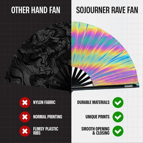 Miniatura 37 de SoJourner Bags Rave Fan – Ventilador plegable grande – Ventilador de mano Clack para raves, Halloween, Burlesque, trajes de arcoíris para mujeres