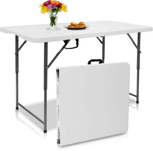 Mesa plegable de 4 pies, mesa plegable resistente para exteriores, perfecta para camping, picnic, fiestas, mesa plegable duradera con fácil Blanco