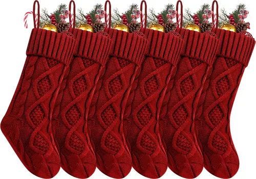 Miniatura 22 de Fesciory Calcetines de Navidad, paquete de 6 calcetines de punto grandes de 18 pulgadas y decoración para fiestas familiares de Navidad, borgoña