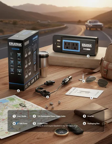 Miniatura 8 de ERAYAK Cargador de coche de 200 W e inversor de corriente con salida de CA de 110 V - Accesorio de coche premium Adaptador de encendedor