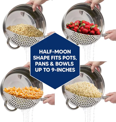 Miniatura 3 de HIC Kitchen - Colador de olla de media luna, acero inoxidable, drena líquidos de alimentos hervidos o al vapor