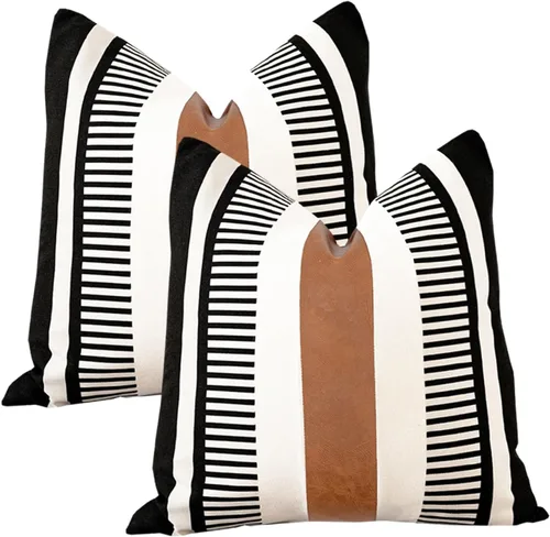 Miniatura 9 de Juego de 2 fundas de almohada bohemias a rayas de 16 x 16 pulgadas, fundas de almohada de cuero modernas para sofá, cama, decoración de granja