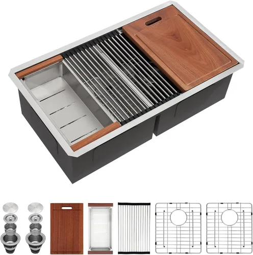 Miniatura 20 de Sarlai 28 Fregadero de cocina bajo encimera de doble tazón - Fregadero bajo encimera de acero inoxidable de 28x19 pulgadas de calibre 16, con repisa