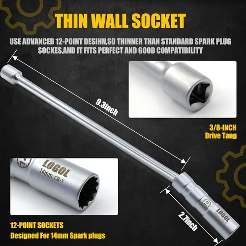 Miniatura 4 de Llave de bujía magnética giratoria de 14 mm, accionamiento de 3/8 pulgadas x 12 pulgadas de longitud total, 12 puntos de pared delgada con diseño