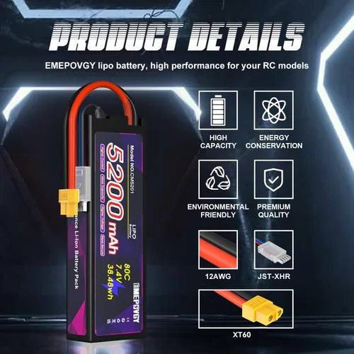 Miniatura 2 de Batería Lipo de 7.4V 2S 5200mAh 80C Lipos Estuche rígido con conector XT60 para coches RC camiones 1/8 1/10 vehículos RC (2 paquetes)