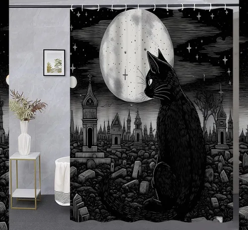 Miniatura 3 de Cortina de ducha de gato negro para Halloween, diseño de tarot psíquico gótico, tablero de Ouija, cementerio espeluznante para decoración de baño