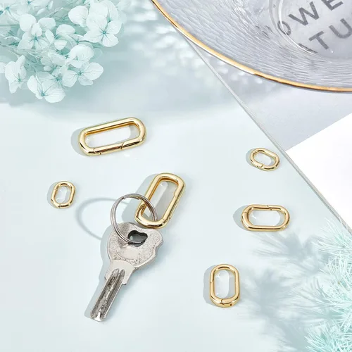 Miniatura 4 de SUNNYCLUE 1 caja de 6 piezas de 3 tamaños de latón ovalados llaveros de puerta de resorte, pequeño llavero de oro de 18 quilates, mosquetón, cierres