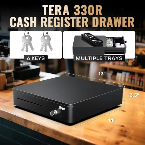 Miniatura 2 de Tera Cajón de caja registradora de 13" con apertura automática, resistente, con bandeja extraíble totalmente insertable, 5 teclas, 4 para billetes