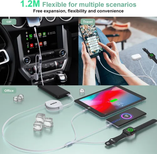 Miniatura 6 de Cable de carga universal retráctil 3 en 1 para teléfonos + cable de carga para Apple Watch, USB A a Lightning+tipo C+cargador iWatch para iWatch