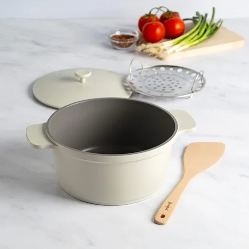 Miniatura 10 de Goodful Olla todo en uno, antiadherente multicapa, horno holandés fundido de alto rendimiento con tapa a juego, estante para asar y girador, Lino