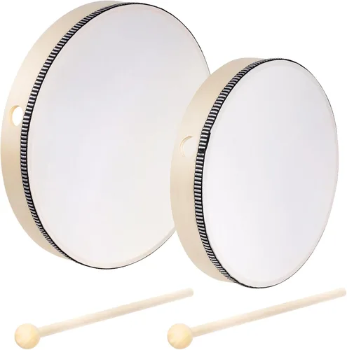 Miniatura 9 de Nydotd Juego de 2 tambores de mano – Instrumentos de percusión de tambor con marco de madera de 10 pulgadas y 8 pulgadas con 2 batidores de tambor