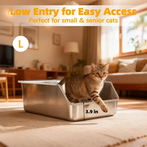 Miniatura 2 de Caja de arena para gatos de acero inoxidable con lados altos, bandeja de arena de metal extragrande para gatos, caja de entrada baja para gatos