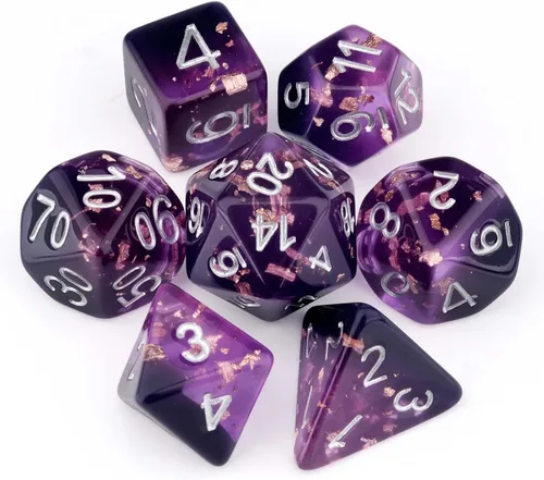 Miniatura 24 de Haxtec DND Conjunto de Dados 7 Piezas Conjunto de Dados de Resina Negro con Inclusión de Mylar Iridiscente Dados Poliédricos D&D