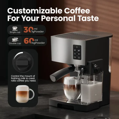 Miniatura 5 de Cafetera Espresso 20 Bares - Cafetera de Espresso y Café con Espumador Automático de Leche, Máquina de Cappuccino, Cafetera de Latte para Hogar