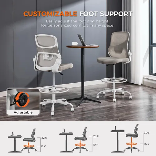 Miniatura 7 de Silla de dibujo sin brazos, silla de oficina alta con anillo ajustable para el pie y soporte lumbar, silla de escritorio alta de malla ergonómica