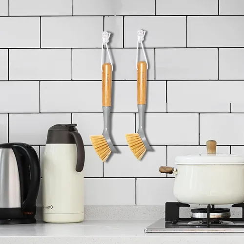 Miniatura 4 de Paquete de 2 cepillos para platos con mango de bambú, raspador integrado para platos, cepillo para sartenes, ollas, limpieza de mostrador
