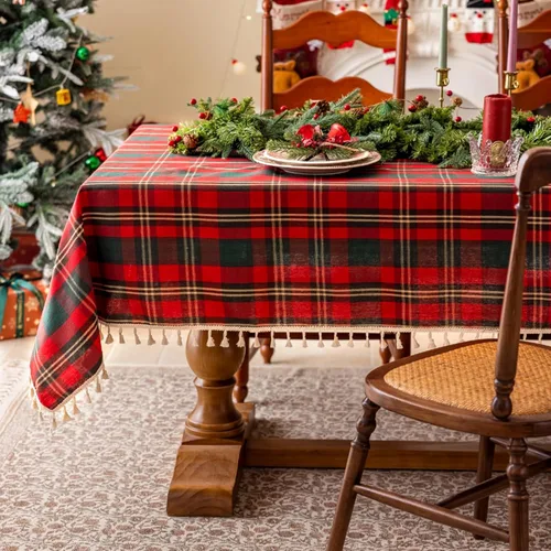 Miniatura 16 de JIALE - Mantel cuadrado de lino de algodón de cuadros Gingham con borlas, lavable, sin arrugas, mantel a cuadros de búfalo para fiesta al aire