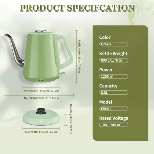 Miniatura 7 de Hervidor eléctrico de cuello de cisne de 0.8 L, acero inoxidable de ebullición rápida de 1200 W, apagado automático, hervidor de precisión para café