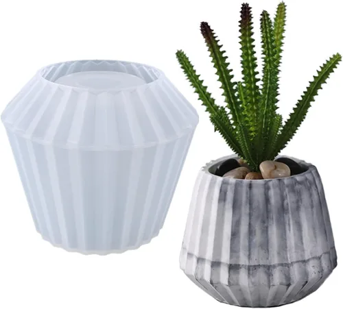Molde de silicona con diseño de rayas verticales de boca ancha para suculentas, jarrón de cactus para hormigón, resina epoxi, soporte para