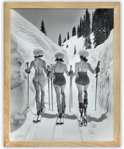 Impresión Vintage de Mujeres Sexys Esquiando - Poster Enmarcado de 11x14 - Decoración de Pared de Moda Retro de Esquí para Estéticas Atrevidas -
