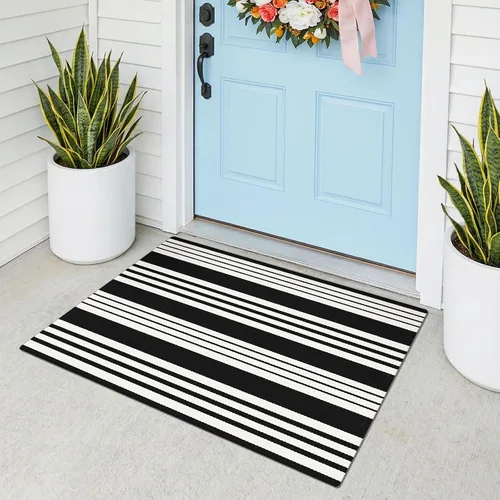 Miniatura 36 de KOZYFLY Alfombra a rayas blancas y negras de 2 x 3 pies, tejido de algodón, lavable, para interiores y exteriores, alfombra pequeña para puerta
