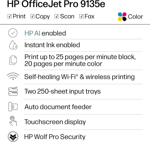 Miniatura 2 de HP OfficeJet Pro 9135e Impresora inalámbrica todo en uno a color por inyección de tinta, imprime, escanea, copia, fax, ADF, impresión a doble cara