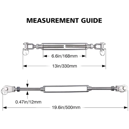 Miniatura 2 de Tensores de mandíbula y mandíbula SS de 1/2 x 6.5 pulgadas M12, acero inoxidable 304, carga de 2200 libras (2 unidades)