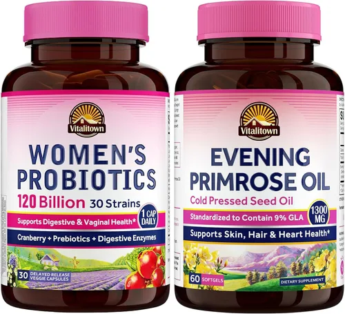 Vitalitown Paquete de belleza interior y exterior para mujeres: 120 mil millones de probióticos UFC (30 cepas) + aceite de onagra 1300 mg, salud