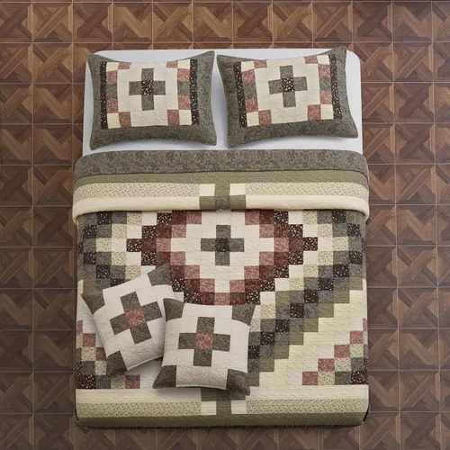 Miniatura 3 de Juego de Edredón de 5 Piezas de Algodón Tamaño Queen, Juego de Edredón con Fundas Verde Crema, Juego de Edredón de Retazos a Cuadros, 243,84 cm x