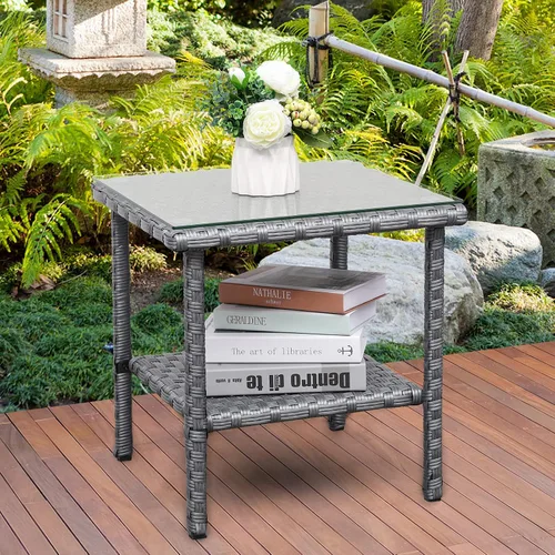 Miniatura 8 de Valita Mesa auxiliar de mimbre PE al aire libre con tapa de vidrio para jardín, junto a la piscina, muebles de ratán para patio, mesa auxiliar, Negro